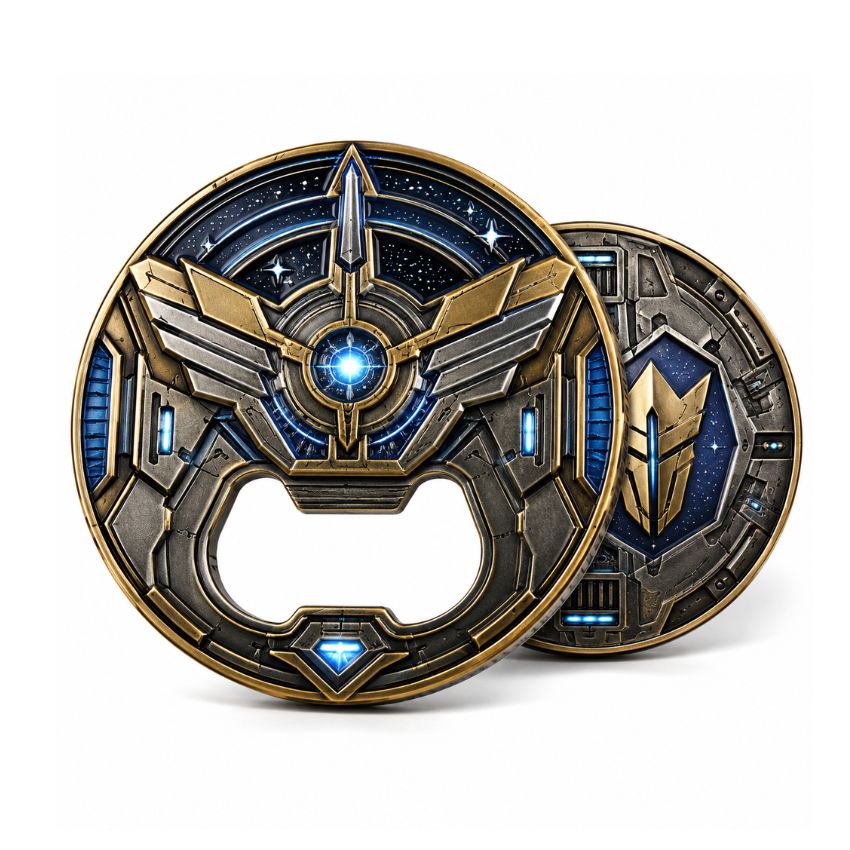 Custom sci-fi futuristic military challenge coin bottle opener with metallic gold and blue glow details.