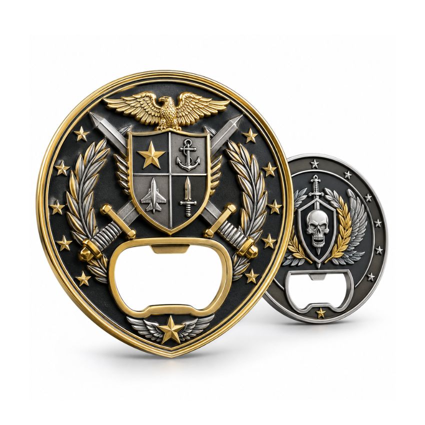 Die-cast military challenge coin bottle opener with eagle emblem, shield, and crossed swords in gold and silver.