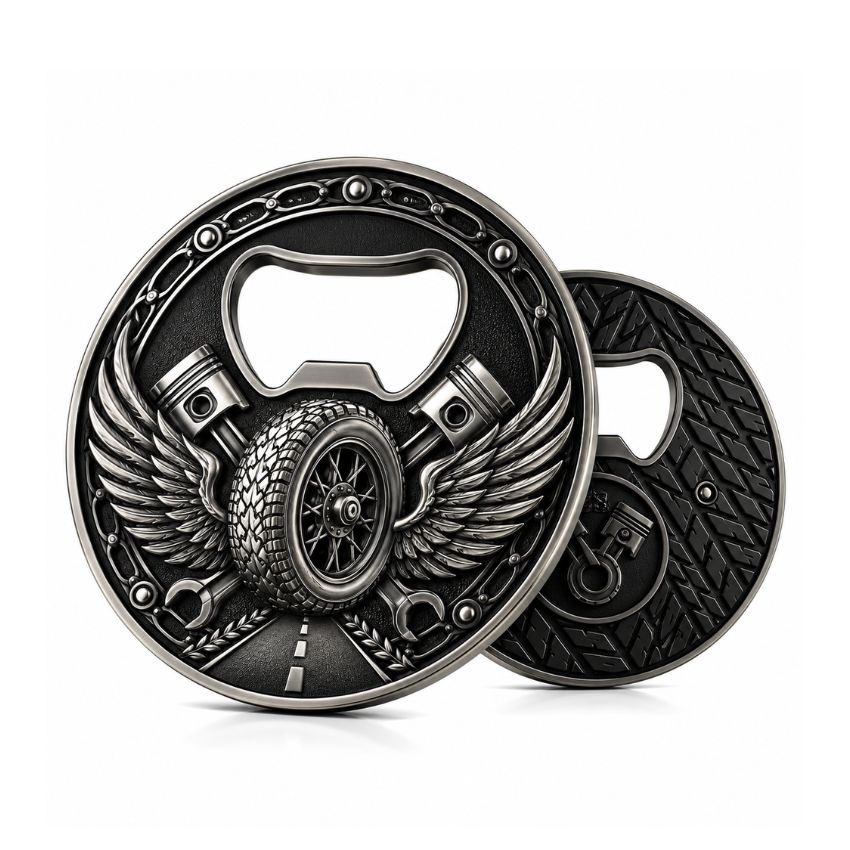 Antique silver biker challenge coin bottle opener with winged motorcycle tire and engine piston design.