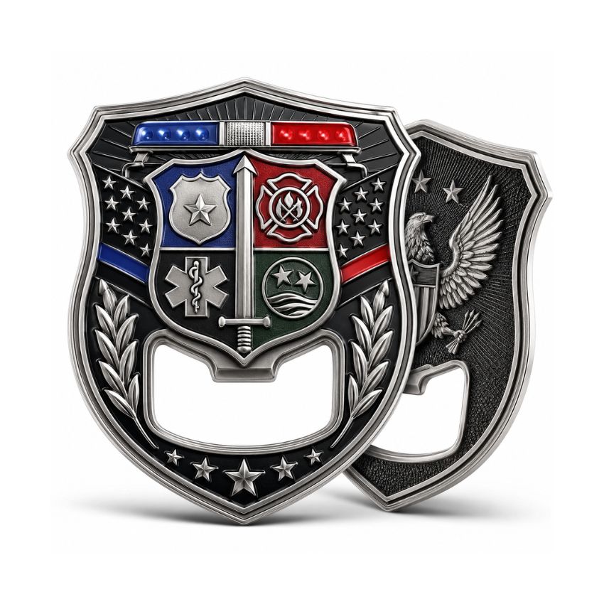 Shield-shaped first responder challenge coin bottle opener featuring police, fire, and EMS service emblems.