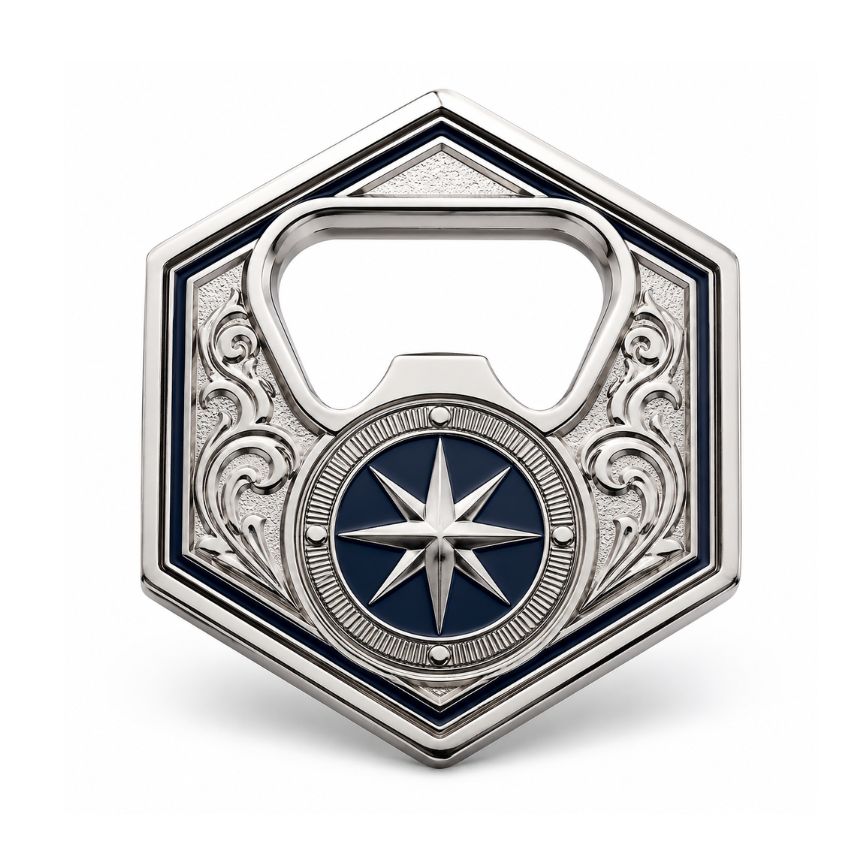 Hexagonal silver promotional challenge coin bottle opener featuring nautical compass rose engraving and ornate filigree.