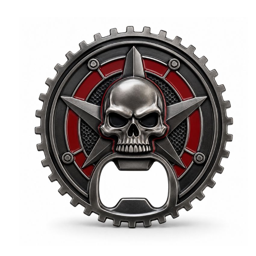 Antique silver gear challenge coin bottle opener with tactical metallic skull and red star emblem for military gifts.
