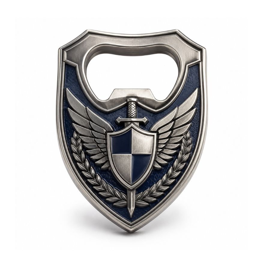 Shield shaped custom metal bottle opener challenge coin featuring engraved wings, sword, and corporate crest logo.
