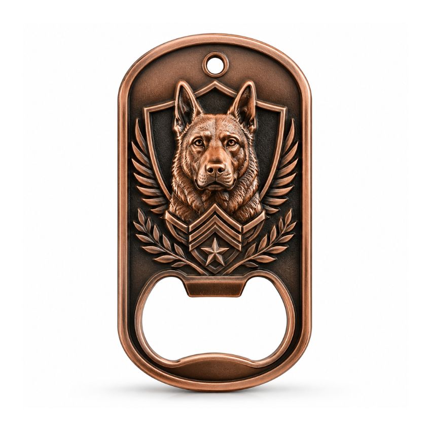 Antique bronze dog tag challenge coin bottle opener with embossed German Shepherd K9 police emblem and rank chevron.