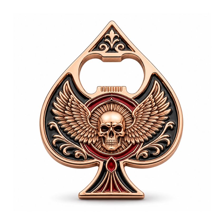Ace of spades bronze challenge coin bottle opener featuring winged skull motif and premium black enamel finishing.