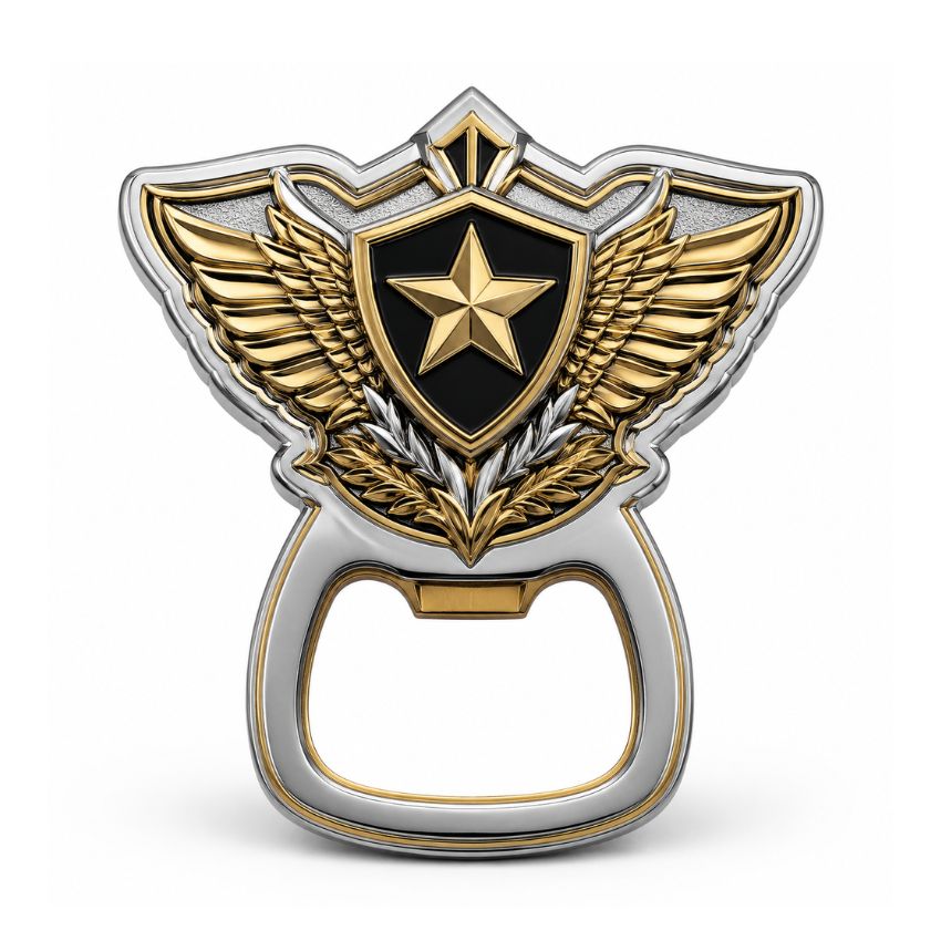 Winged shield silver challenge coin bottle opener with gold accents and embossed star logo for corporate branding.