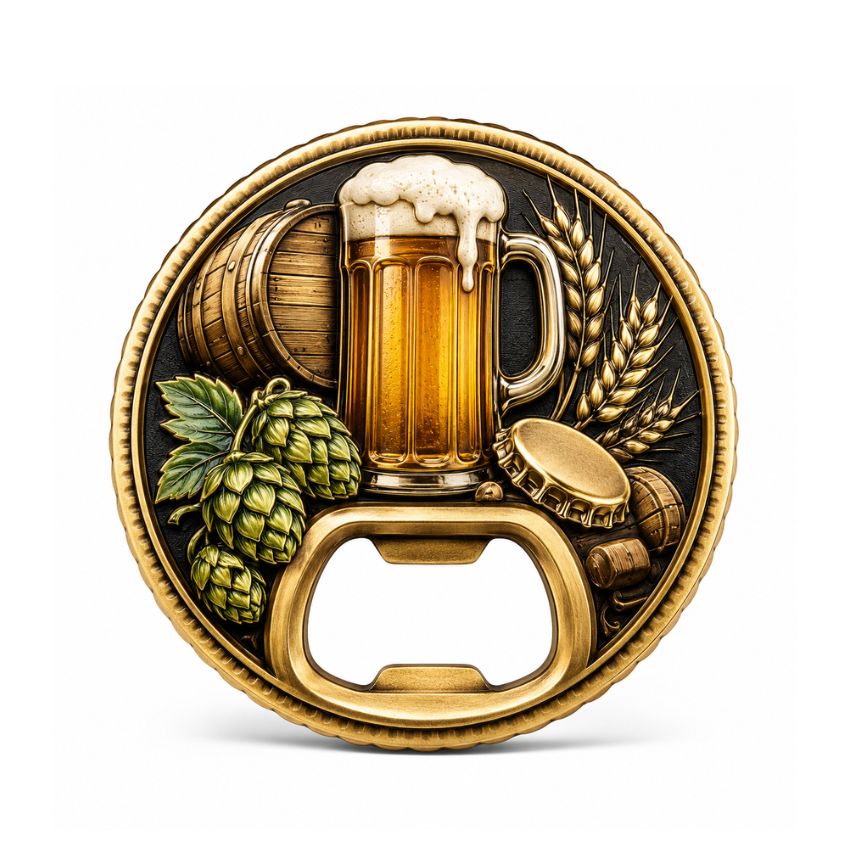 Brewery promotional challenge coin bottle opener with detailed relief carving of beer mug, hops, and wooden barrel.