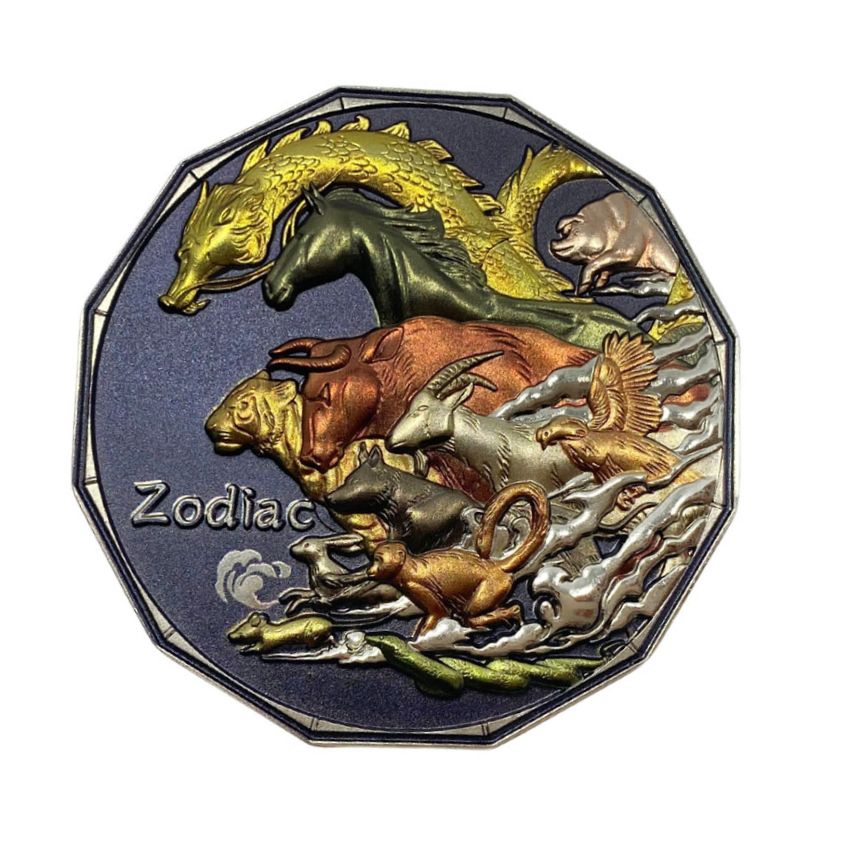 Custom 3D embossed multi color Chinese zodiac challenge coin featuring all twelve signs on a textured background.
