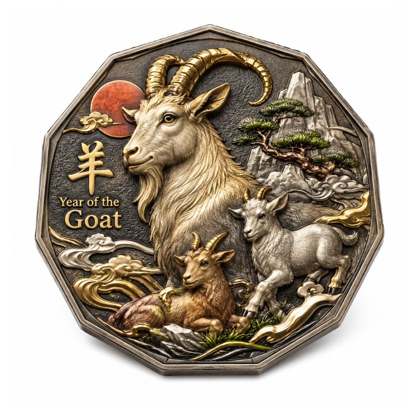 Relief-style uv printed coin with a goat family and Chinese text, for the Year of the Goat.Alt: Relief-style uv printed coin with a goat family and Chinese text, for the Year of the Goat.