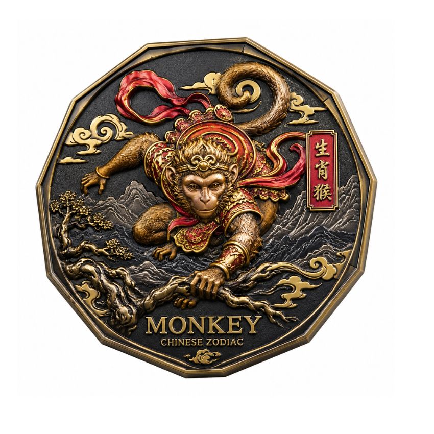 Octagonal uv printed coin with Sun Wukong the Monkey King design on a mountain background.Alt: Octagonal uv printed coin with Sun Wukong the Monkey King design on a mountain background.