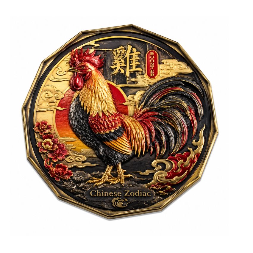 Vibrant uv printed coin with a colorful rooster design and golden Chinese zodiac motifs on a detailed background.