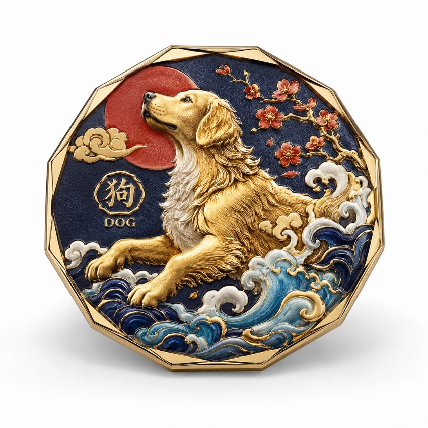 Custom uv printed coin showcasing a loyal dog illustration with intricate patterns for the Chinese zodiac series.