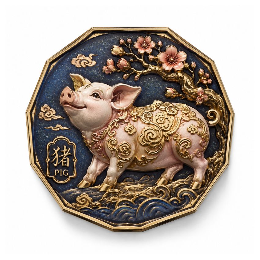 Gold-rimmed uv printed coin featuring a traditional Chinese zodiac pig design with sharp and vivid color printing.