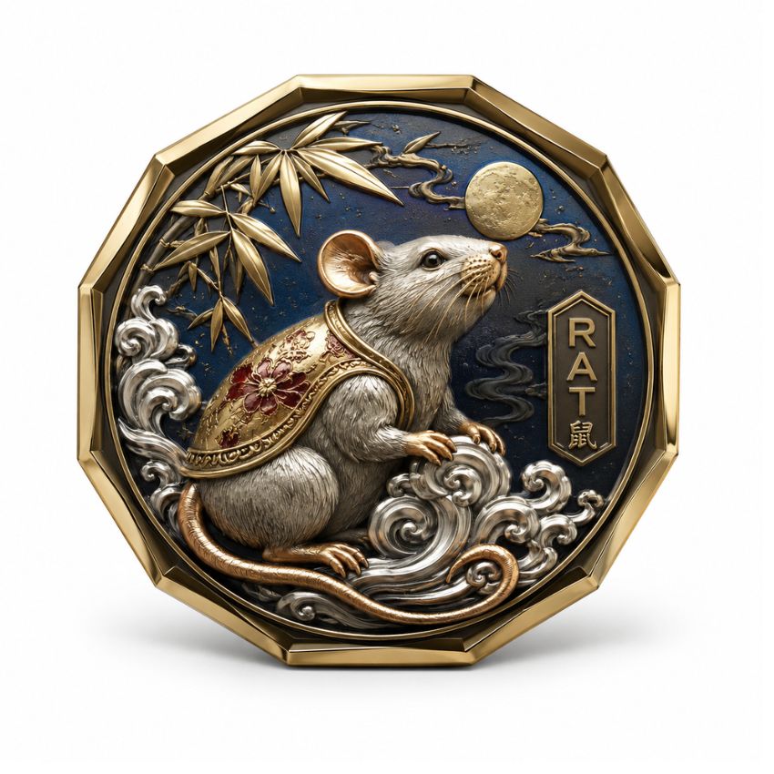 Premium UV printed rat challenge coin with gold octagonal rim featuring traditional Chinese zodiac mouse design.