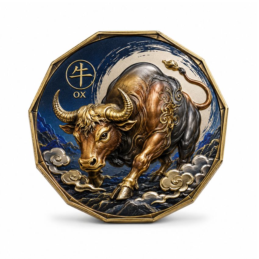 High relief metallic ox challenge coin showcasing a powerful charging bull in traditional Chinese zodiac style.