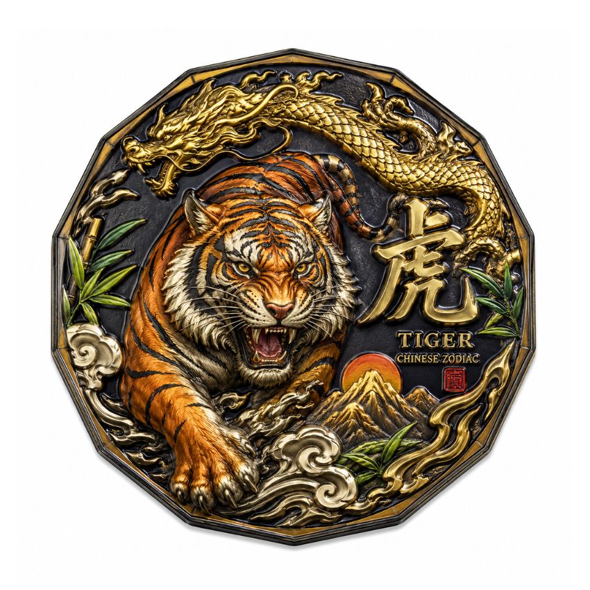 Detailed tiger challenge coin with vibrant UV printed orange stripes and a golden Chinese zodiac dragon overlay.