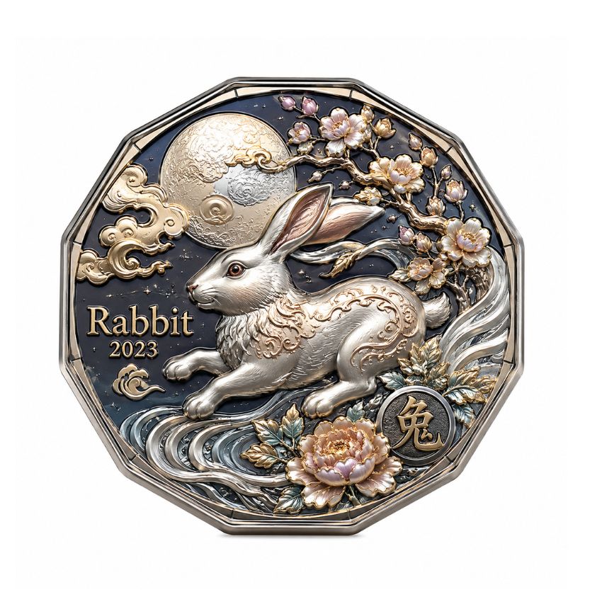 Exquisite 2023 year of the rabbit challenge coin with silver embossed lunar bunny and traditional floral details.