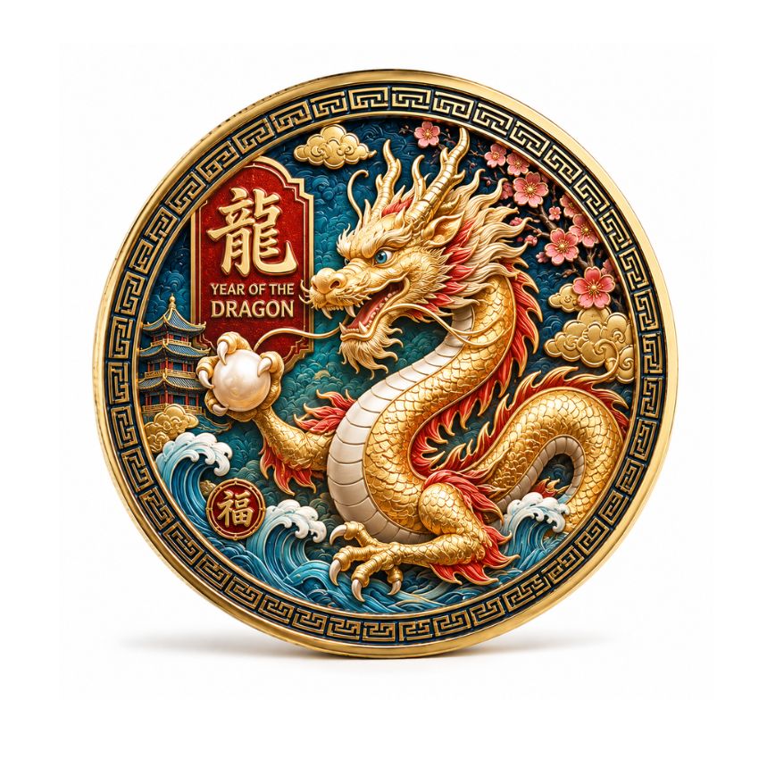Detailed uv printed coin featuring a golden Chinese Zodiac dragon with vibrant cherry blossoms.Alt: Detailed uv printed coin featuring a golden Chinese Zodiac dragon with vibrant cherry blossoms.