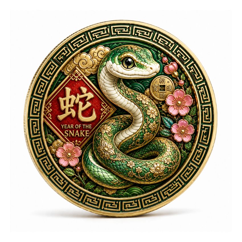 Green and gold uv printed coin with an intricate snake design, part of the Chinese Zodiac series.Alt: Green and gold uv printed coin with an intricate snake design, part of the Chinese Zodiac series.