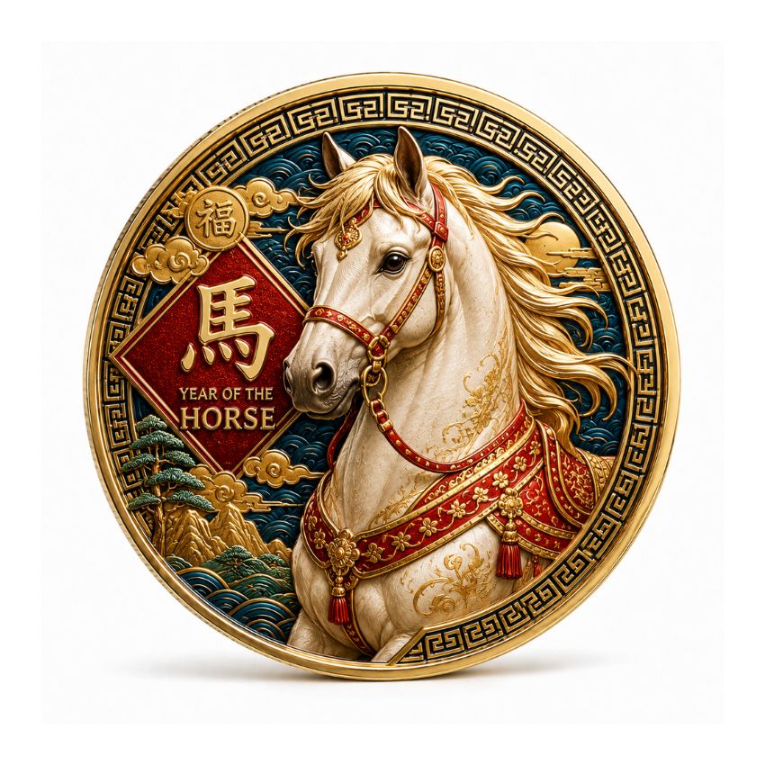 Elegant white and gold uv printed coin showcasing a detailed noble horse for the Chinese Zodiac collection.Alt: Elegant white and gold uv printed coin showcasing a detailed noble horse for the Chinese Zodiac collection.