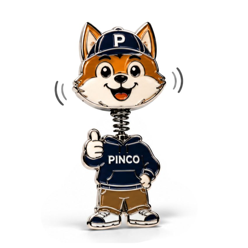 Custom dog mascot bobblehead lapel pin with spring neck for promotional merchandise.