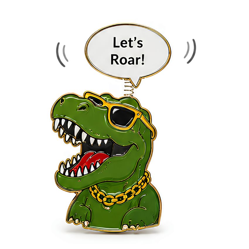 A movable pin T-Rex with a gold chain and sunglasses, wholesale accessory with a speech bubble.