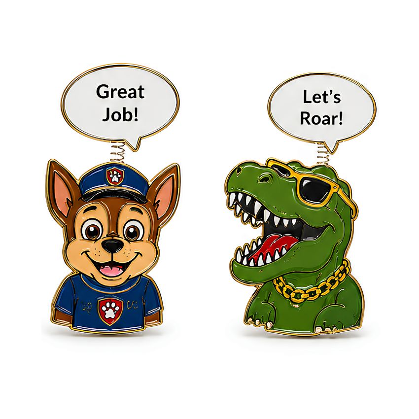 Custom movable pin collection with dog and dinosaur characters featuring spring-mounted speech bubbles for promotional gifts.