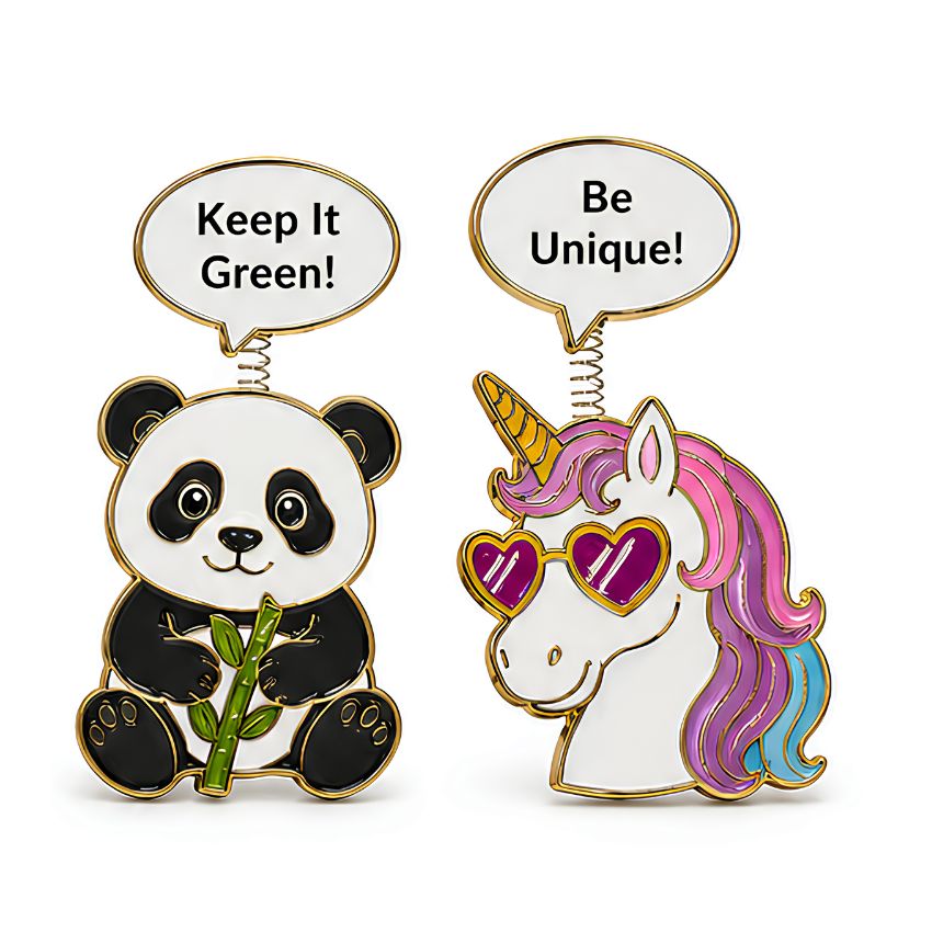 Wholesale movable pin items featuring panda and unicorn designs with wobbly text bubbles, ideal for corporate branding.