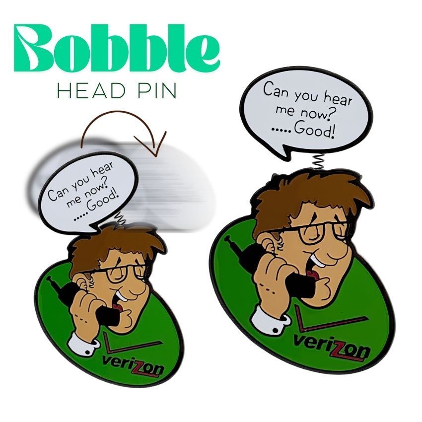 Movable pin showcasing bobble-head action and text bubble motion for customized corporate promotional gifts.