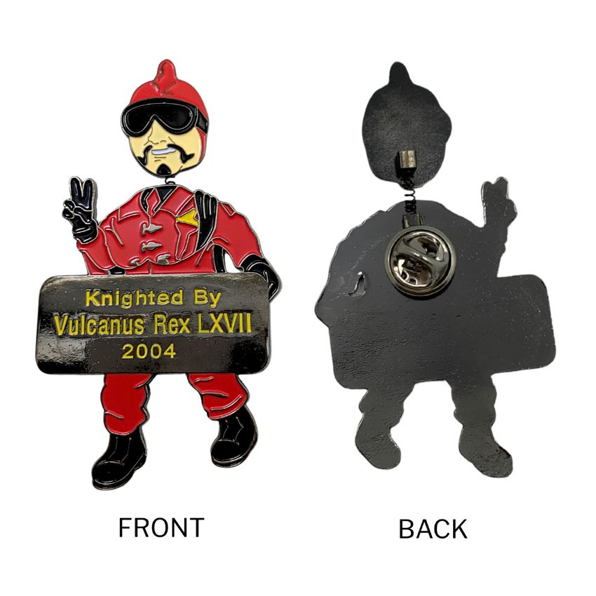Custom movable pin front and back view with bobblehead spring and butterfly clutch attachment for promotional gifts.