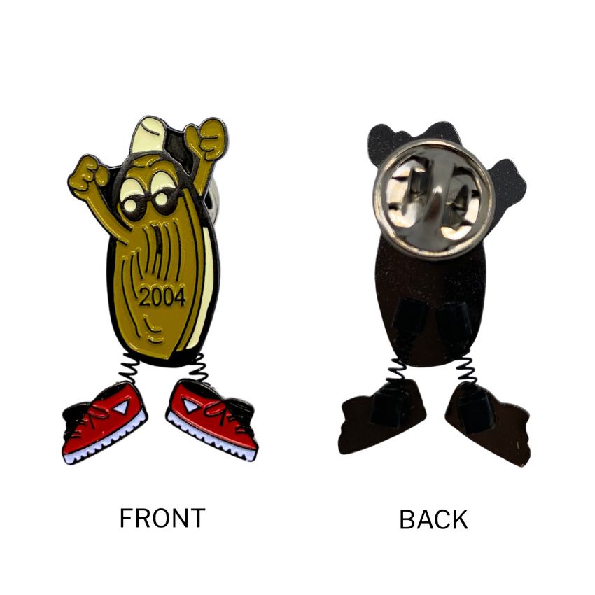 Movable pin front and back view with spring-loaded shaking legs and standard metal clutch for wholesale merchandise.