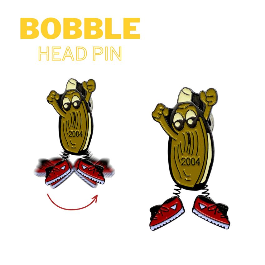 Custom bobble lapel pin featuring character design with spring-attached moving legs for corporate gifts.