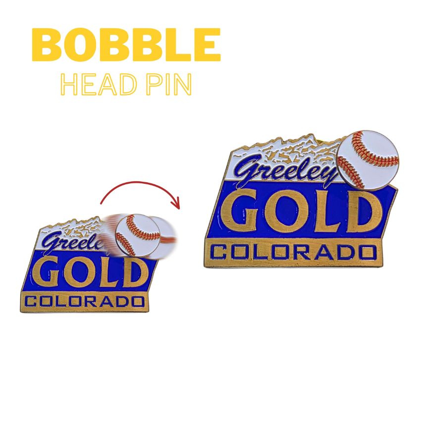 Sports promotional bobble pin featuring a moving baseball on a spring, custom designed for team branding.