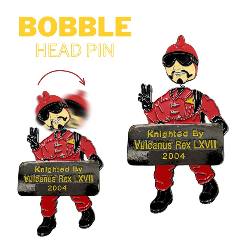 Custom character bobblehead pin with spring-mounted moving head, ideal for exclusive event merchandise.
