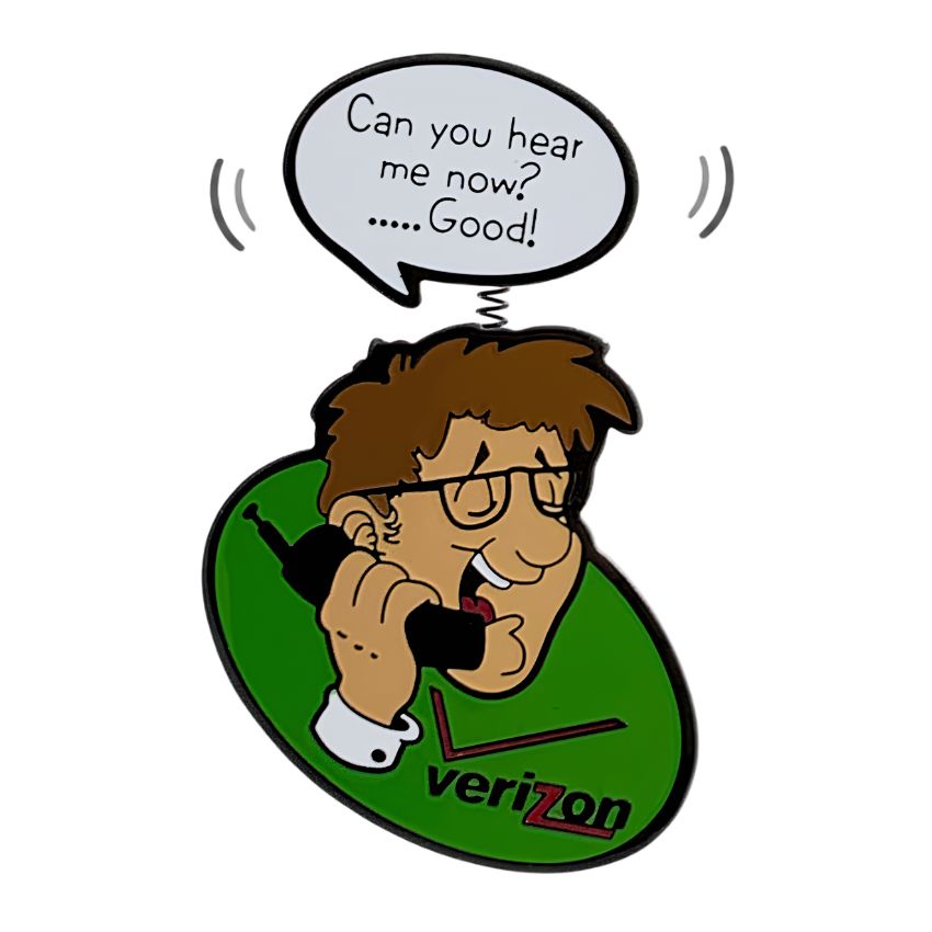 A movable pin featuring Verizon's mascot on a spring, with a speech bubble for corporate events.