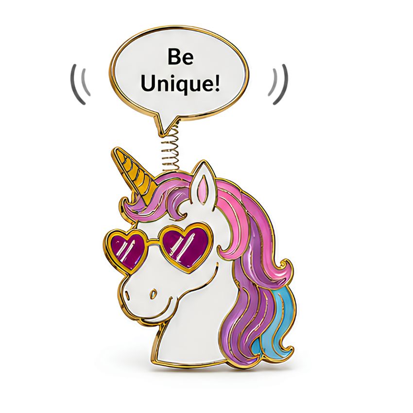 A movable pin unicorn with heart sunglasses and a wobbly speech bubble, wholesale promotional merchandise.