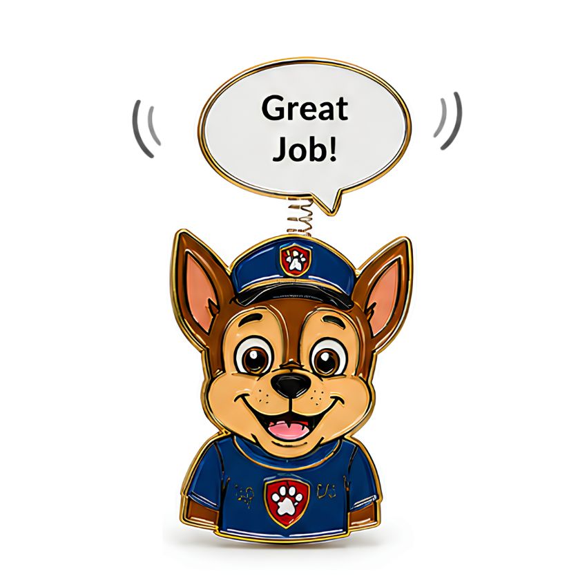A movable pin with a police dog mascot and a bobbing speech bubble, ideal for custom brand apparel.