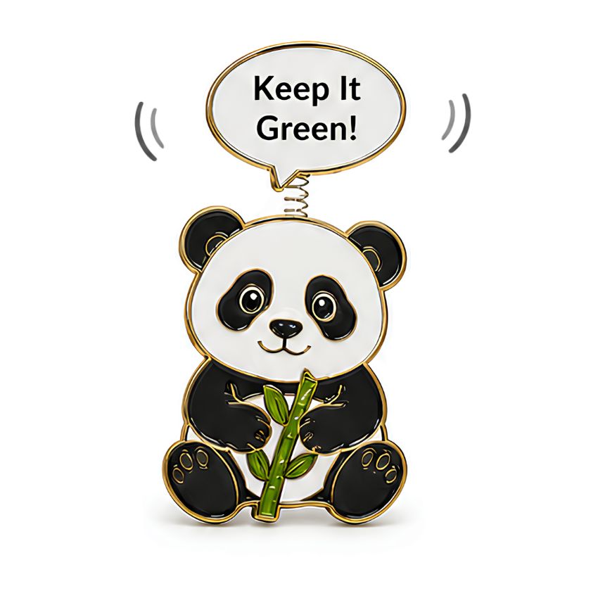 A movable pin panda holding bamboo with a wobbly speech bubble, perfect for eco-friendly campaigns.