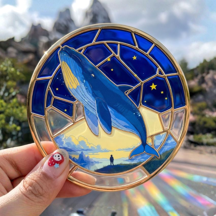 Blue whale stained glass medallion featuring translucent soft enamel and UV printing, perfect for custom gifts.