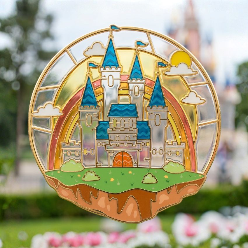 Fairy tale castle stained glass bookmark made of transparent soft enamel with UV printed details for customized merchandise.