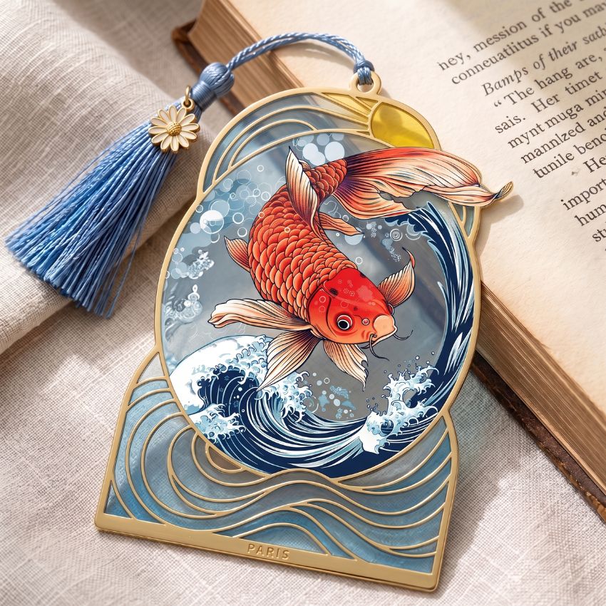 Custom koi fish metal bookmark with tassel, transparent soft enamel, and UV printing, ideal for premium souvenir line.