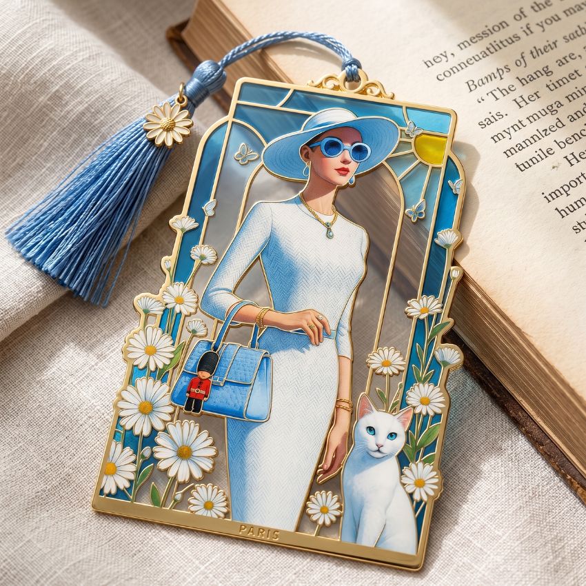 Custom Paris woman metal bookmark with tassel, transparent soft enamel, and UV printing, ideal for premium gifts.