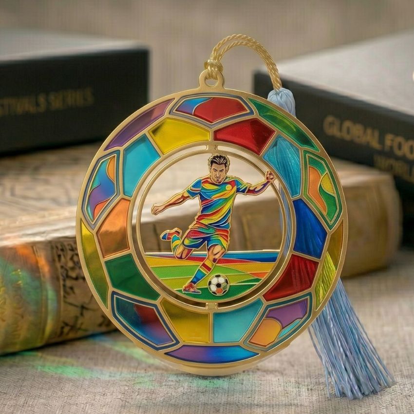 Soccer player stained glass medallion with tassel, featuring transparent soft enamel and UV printed graphics.