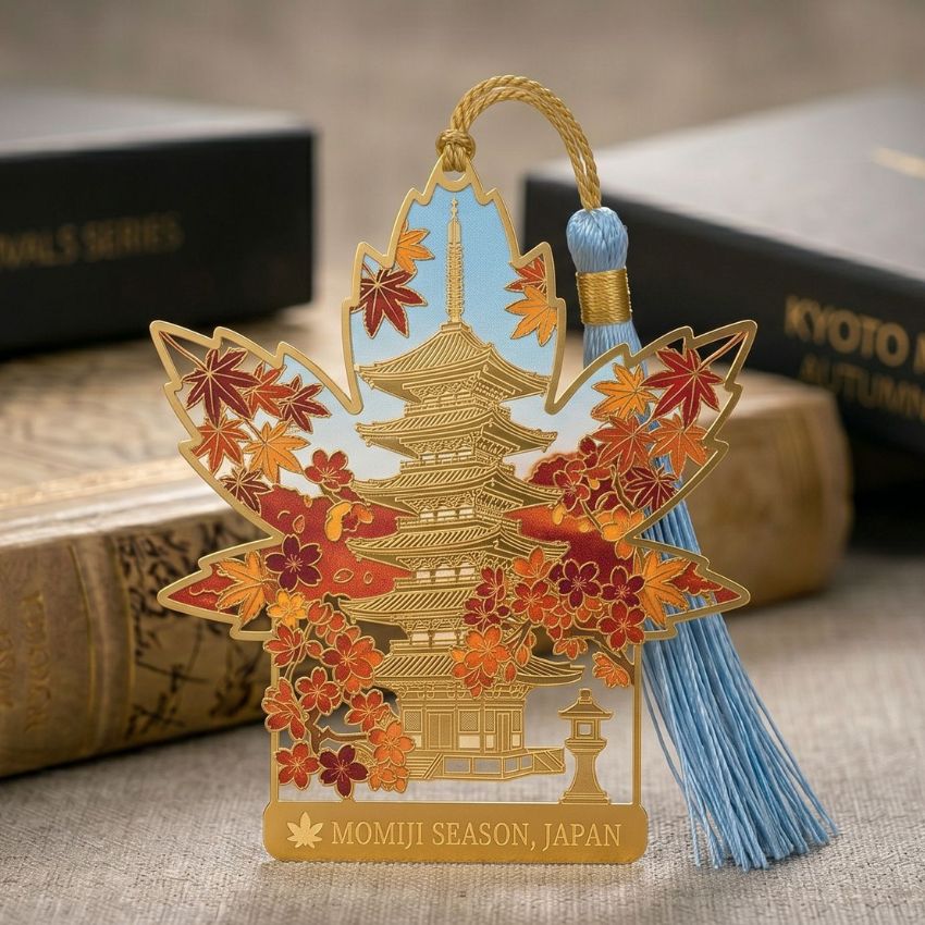Maple leaf pagoda bookmark with tassel, featuring translucent soft enamel and UV printed autumn foliage.