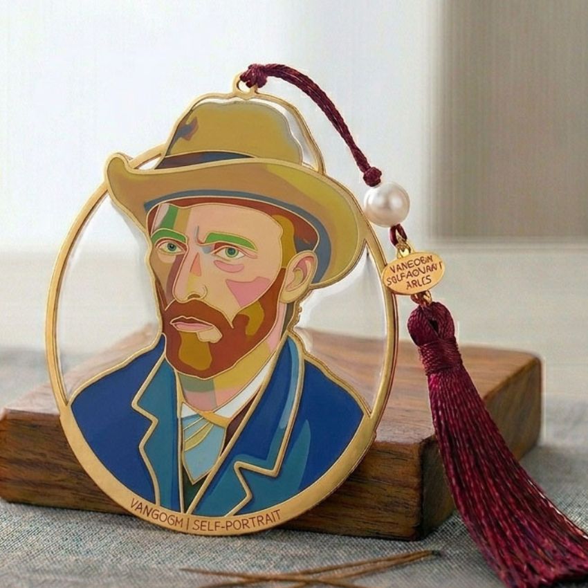 Van Gogh self-portrait metal bookmark with tassel, transparent soft enamel, and UV printing, ideal for museum gifts.