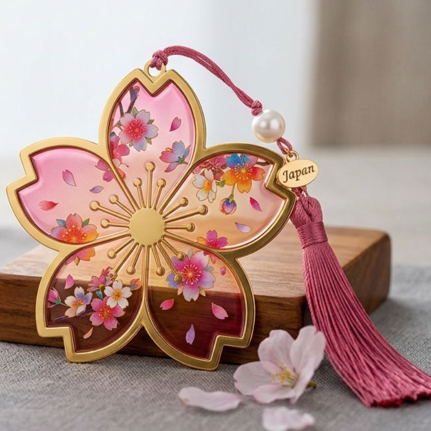 Cherry blossom metal bookmark with tassel, crafted with translucent soft enamel and UV printed Japanese sakura artwork.