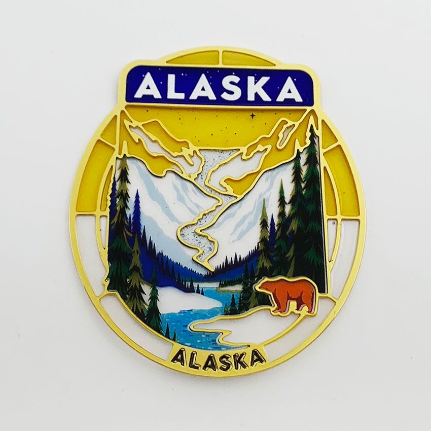 Custom Alaska National Park transparent enamel bookmark featuring detailed UV printed mountain landscape and bear design.