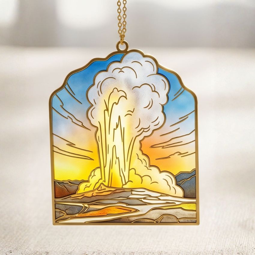 Stained-glass style geyser ornament with transparent soft enamel and UV printing, ideal for national park souvenirs.