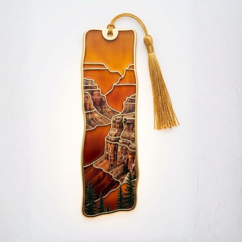Grand Canyon metal bookmark with tassel, crafted with transparent soft enamel and UV printed canyon artwork.
