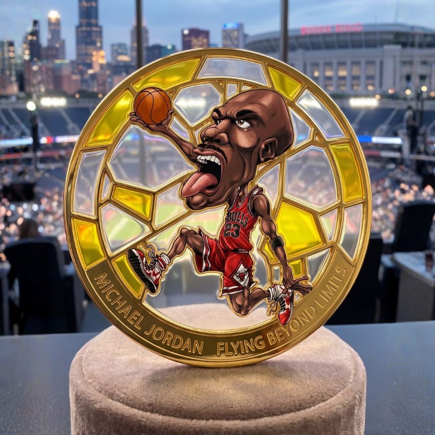 Basketball player commemorative metal medallion with transparent soft enamel, stained glass, and UV printed detail.